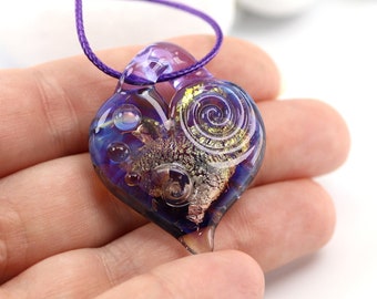 Purple Glass Heart Pendant - Lampwork on Adjustable Cord or Chain - Handmade in Devon UK - Artisan Glass