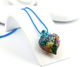 Glass Heart Pendant - Lampwork on Adjustable Cord or Chain - Handmade in Devon UK - Artisan Glass