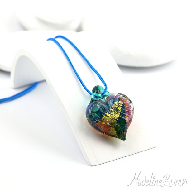 Glass Heart Pendant - Lampwork on Adjustable Cord or Chain - Handmade in Devon UK - Artisan Glass