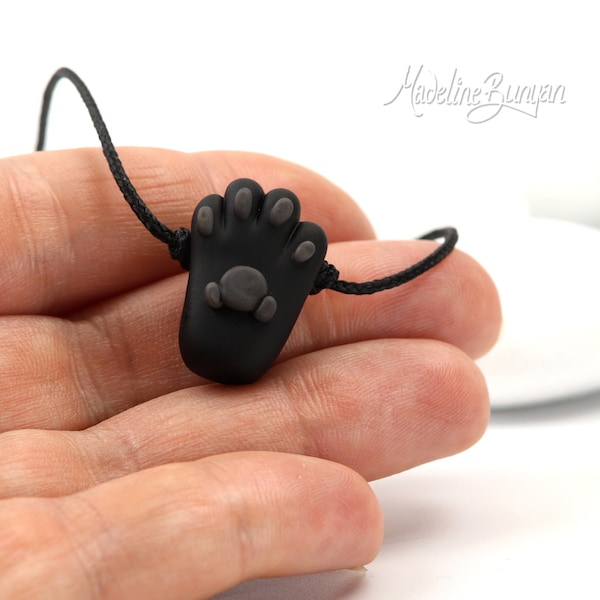 Kitty High Five! Black Cat Paw Necklace, sculpted matte glass , Lampwork