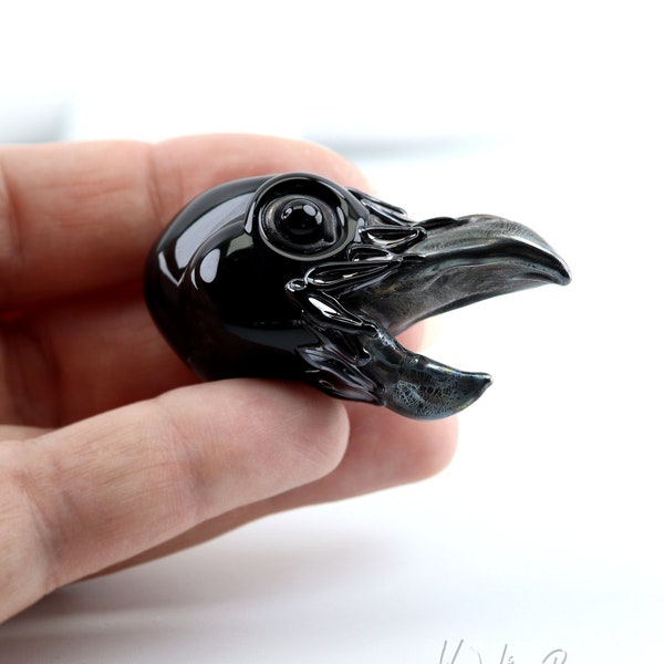 Raven Head Focal Bead - Corvid - Artisan Lampwork glass beads - Handmade