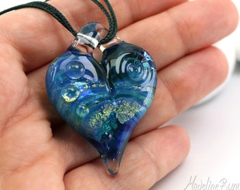 Blue Glass Heart Pendant - Lampwork on Adjustable Cord or Chain - Handmade in Devon UK - Artisan Glass