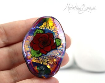 Tattoo Rose Focal Bead, Red, Blue & gold, Artisan made glass, Made in Devon UK, Lampwork Pendant Bead