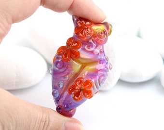 Goddess Lampwork Glass Sculpted Bead UK Artisan Handmade Miniature sculpture Pendant Bead Hot Pink and Orange Flowers