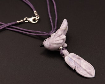 Necklace - Purple Bird and Feather - Lampwork glass beads - sterling silver
