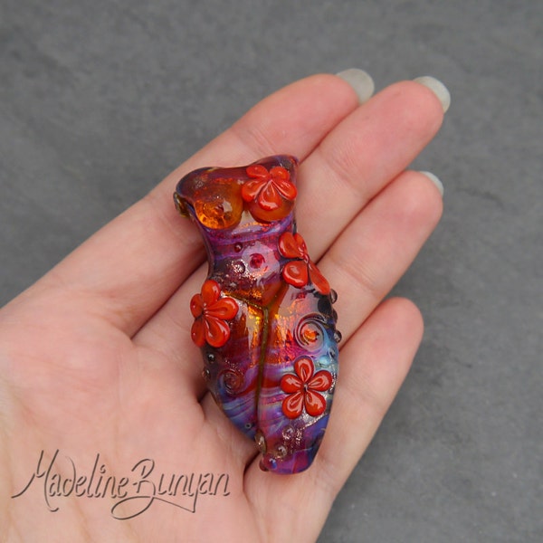 Hot pink, Purple, Amber and Red Goddess, Swirls and flowers Lampwork Focal Bead