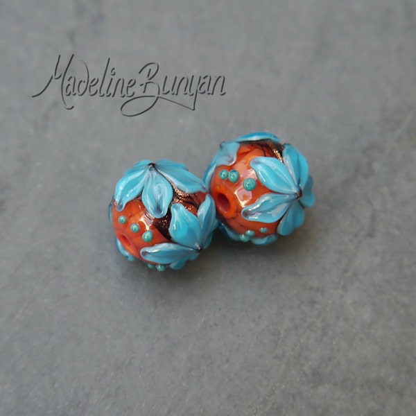 Cheerful Brights Orange and Turquoise flowers Lampwork bead earring pair SRA
