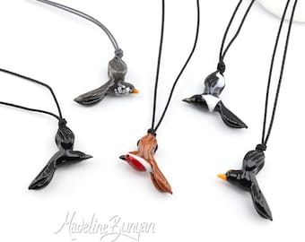 Glass Flying Bird Necklace - Choose your Bird - Adjustable Long Cord - Robin Raven Blackbird or Magpie