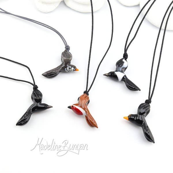 Glass Flying Bird Necklace - Choose your Bird - Adjustable Long Cord - Robin Raven Blackbird or Magpie