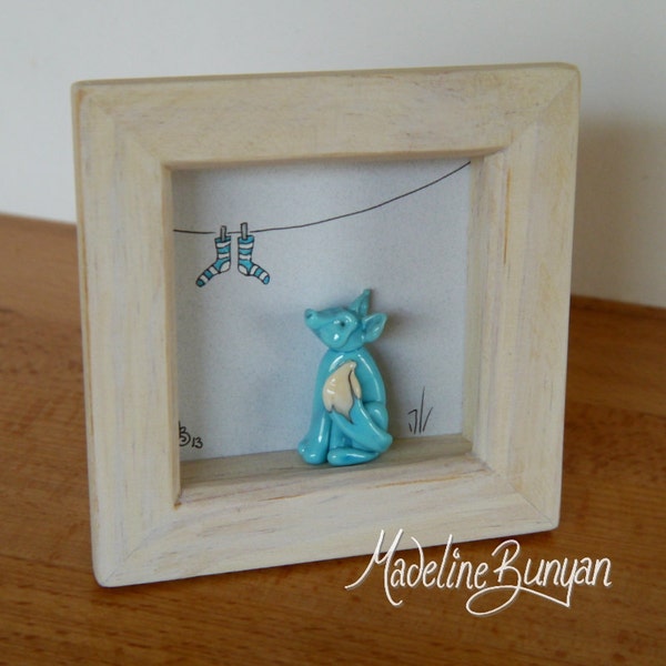 Blue Fox in a box, with Socks, Framed Sculpted Fox Lampwork Bead with Original Drawing