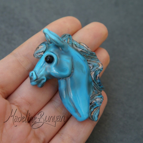 Turquoise  and Grey Horse Lampwork Large Sculptural Focal Bead