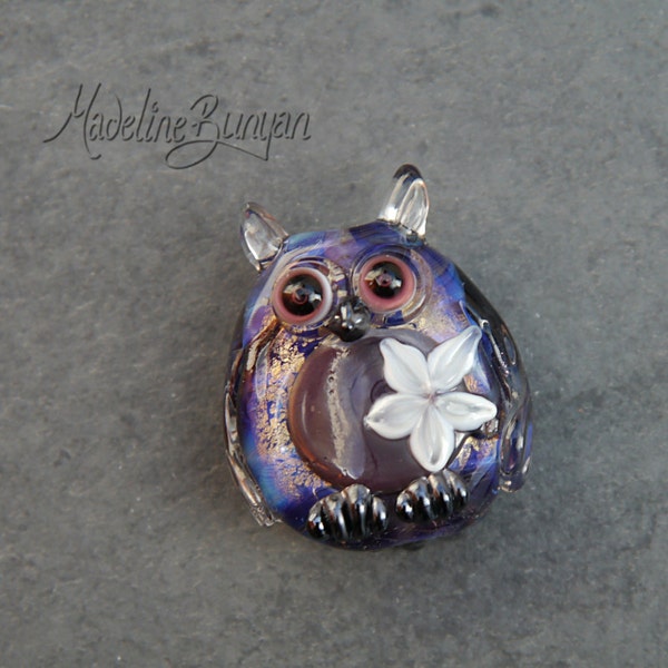Owl focal bead, Sparkling Purple & Cream Flower, Lampwork