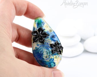 Large Floral Lampwork Focal Bead, blue, gold, black and aqua - UK Artisan Made