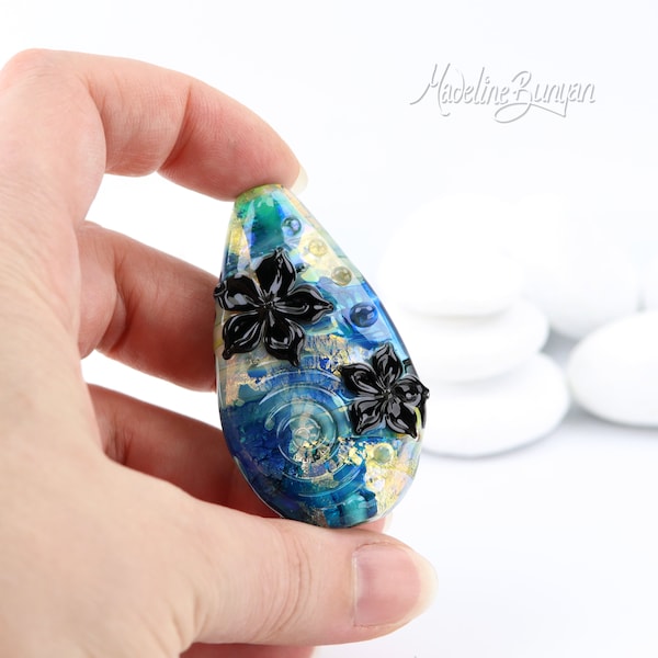 Large Floral Lampwork Focal Bead, blue, gold, black and aqua - UK Artisan Made