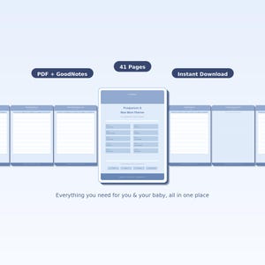 Könnte beinhalten: Ein digitaler Planer für junge Mütter, dargestellt auf einem Tablet. Der Planer ist hellblau und weiß, mit dem Text "Postpartum & New Mom Planner". Zusätzlicher Text enthält "PDF + GoodNotes", "41 Seiten" und "Instant Download". Der Slogan lautet: "Alles, was Sie für sich und Ihr Baby brauchen, an einem Ort."