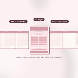 Könnte beinhalten: Ein digitaler Planer für junge Mütter, der auf einem Tablet angezeigt wird, mit dem Text "Postpartum & New Mom Planner". Das Bild enthält auch den Text "PDF + GoodNotes", "41 Seiten" und "Instant Download". Die Bildunterschrift lautet: "Alles, was Sie für sich und Ihr Baby brauchen, an einem Ort."
