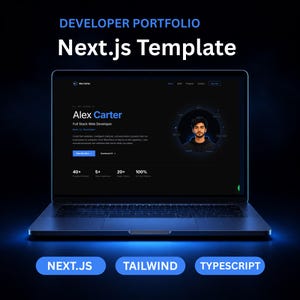 May include: A laptop displaying a dark-themed developer portfolio website for Alex Carter, a full stack web developer. The screen shows text including Developer Portfolio Next.js Template, and buttons labeled Next.js, Tailwind, and Typescript.