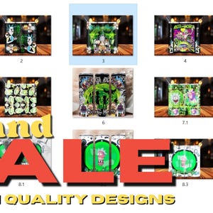 Könnte beinhalten: Eine Sammlung von acht hochwertigen Designs, jeweils mit lebendigen Grafiken. Das Bild zeigt verschiedene Becher und Designs mit Cartoon-Charakteren und den Worten "Grand Sale" in fetter Schrift. Die Designs werden auf einer Holzoberfläche präsentiert.