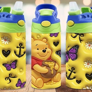 May include: Yellow water bottle with a blue and green lid. The bottle features a Winnie the Pooh design, along with butterflies, hearts, anchors, and daisies. The bottle is designed for kids.
