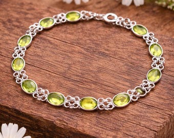 Green Peridot Bracelet Sterling Silver, Oval Gemstone Bracelet, Link Chain Bracelet, August Birthstone Jewelry for Women