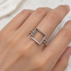 925 Sterling Silver Geometric Square Open Frame Ring, Minimalist Silver Ring, Hollow Square Statement Ring, Adjustable Split Band Ring,