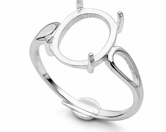 925 Sterling Silver Oval Ring Setting Blank – Adjustable Open Band Ring Base for DIY Gemstone Jewelry, Empty Prong Mount,