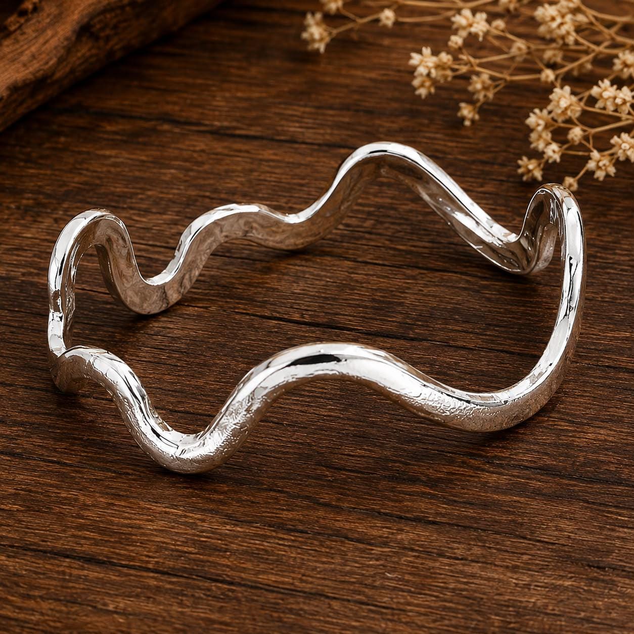 925 Sterling Silver Wave Cuff Bracelet, Minimalist Open Bangle, Wavy Silver Bracelet for Women, Modern Sculptural Jewelry