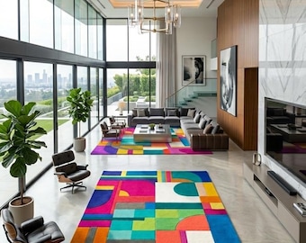 Colorful Geometric Rug, Modern Memphis Area Rug, Abstract Rainbow Carpet, Handmade Tufted Wool Rug, Kids Room Decor