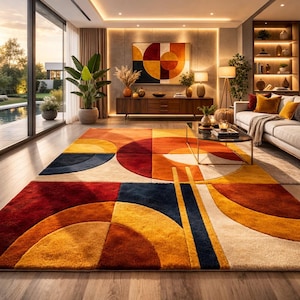 Könnte beinhalten: Ein großer, farbenfroher Teppich mit geometrischem Muster in einem modernen Wohnzimmer. Der Teppich zeigt Halbkreise und Rechtecke in Rot-, Orange-, Gelb- und Blautönen. Er ist der Mittelpunkt eines Raumes mit großen Fenstern und moderner Einrichtung.