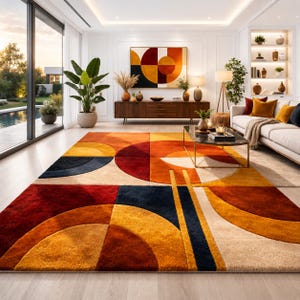 Modern Geometric Area Rug Abstract Red Mustard Blue Carpet Large Living Room Bedroom Mid Century Contemporary Floor Decor