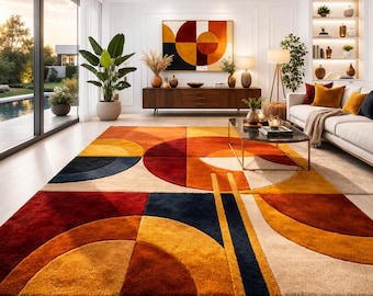 Modern Geometric Area Rug Abstract Red Mustard Blue Carpet Large Living Room Bedroom Mid Century Contemporary Floor Decor