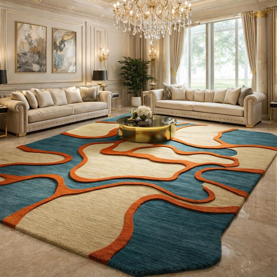 Modern Irregular Rug Modern Abstract Area Rug, Irregular Shape Rug, Teal Orange Cream Carpet ...