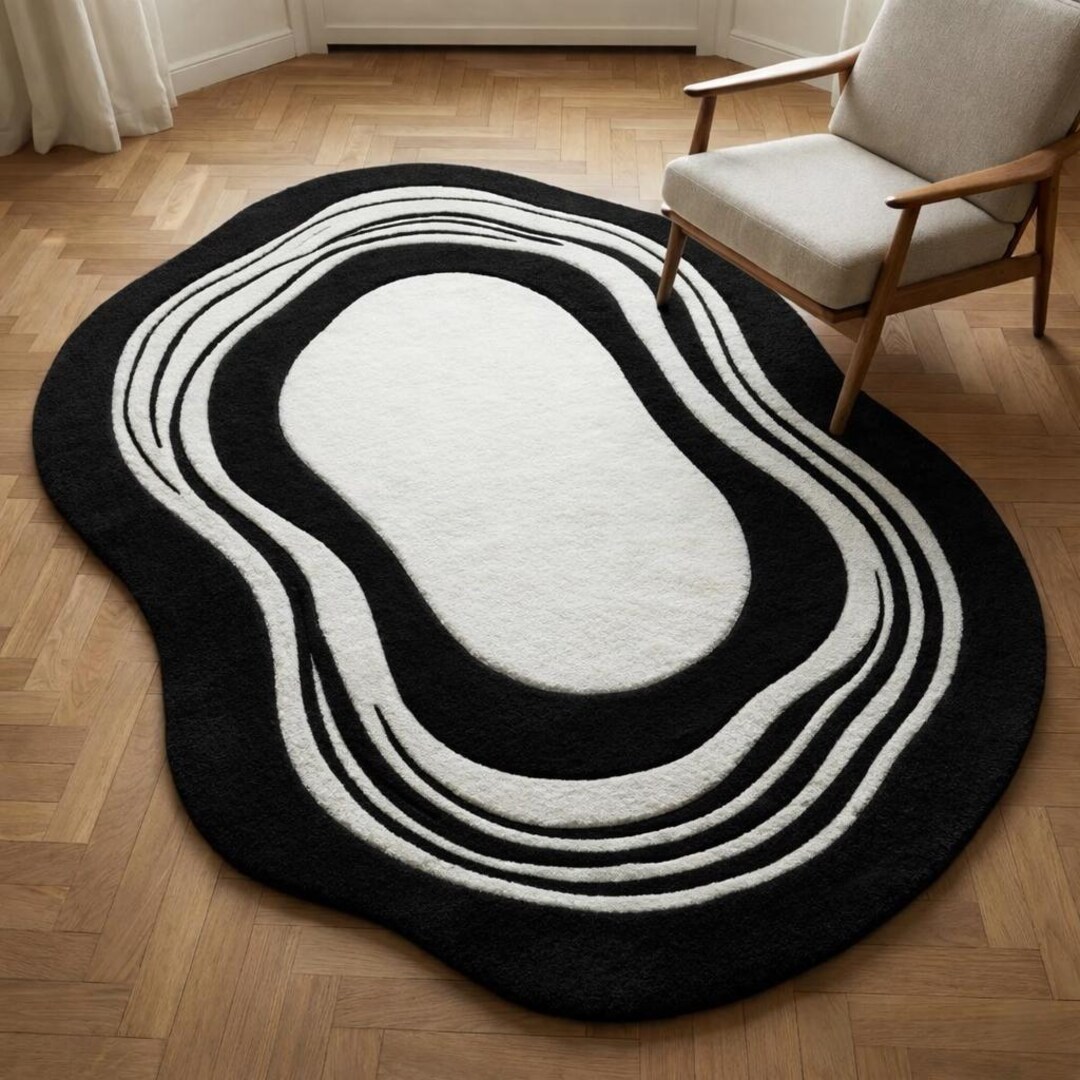 Modern Black White Abstract Area Rug, Irregular Shape Contemporary ...