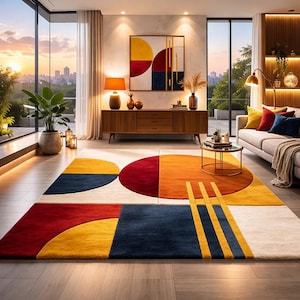 Puede incluir: Un salón moderno con una gran alfombra geométrica colorida con formas rojas, amarillas, azules y naranjas. La habitación incluye un aparador de madera, un sofá con cojines coloridos y grandes ventanales con vistas a un paisaje urbano.