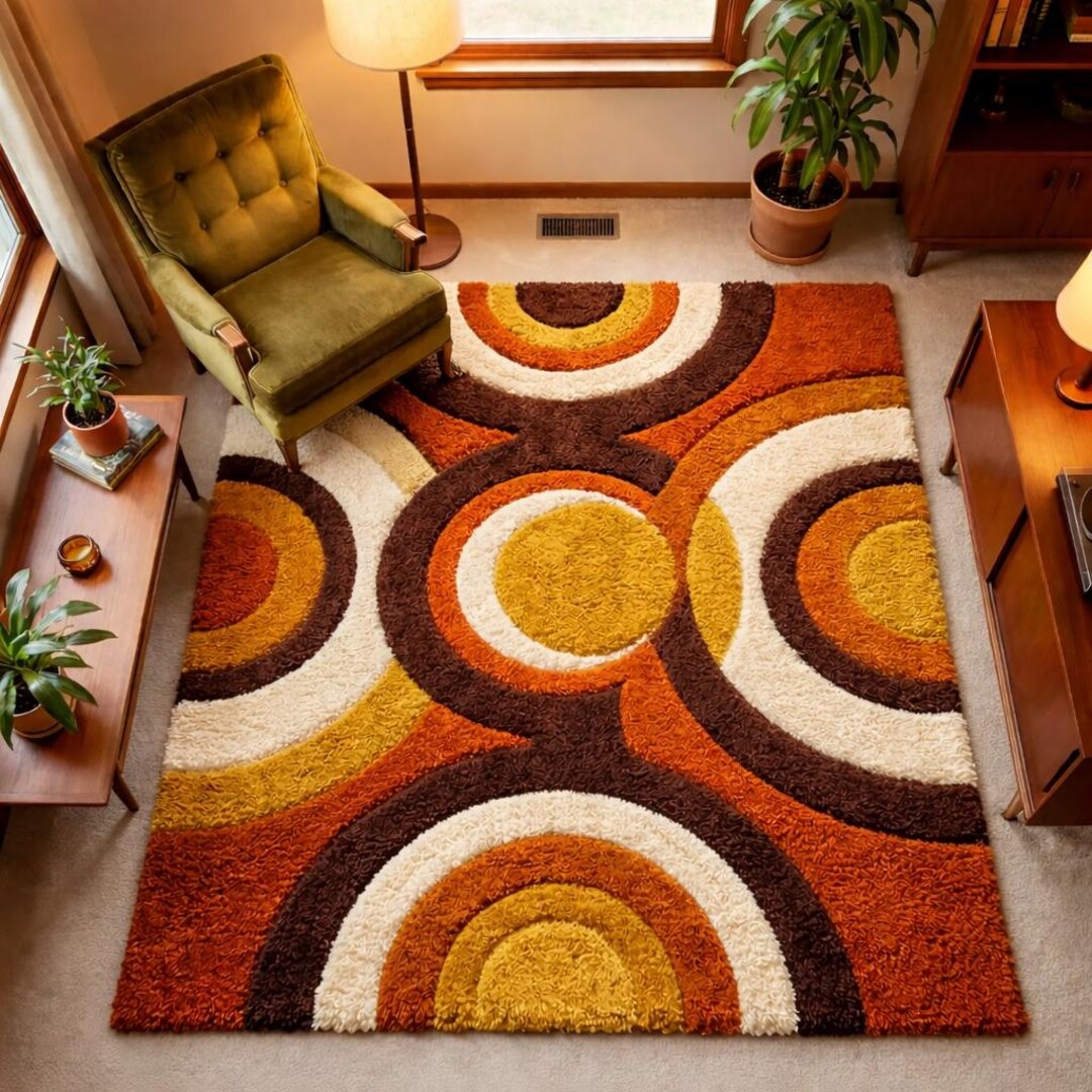 Retro 70s Geometric Shag Rug, Mid Century Modern Orange Brown Cream ...