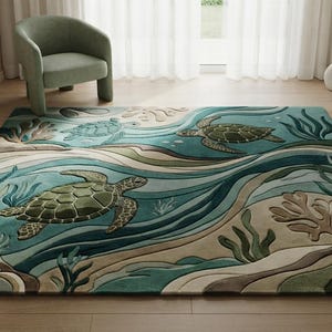 May include: A rectangular area rug featuring a detailed underwater scene with multiple sea turtles swimming among flowing currents, coral formations, and aquatic plants in shades of teal, sage green, beige, and dark brown with a textured finish.