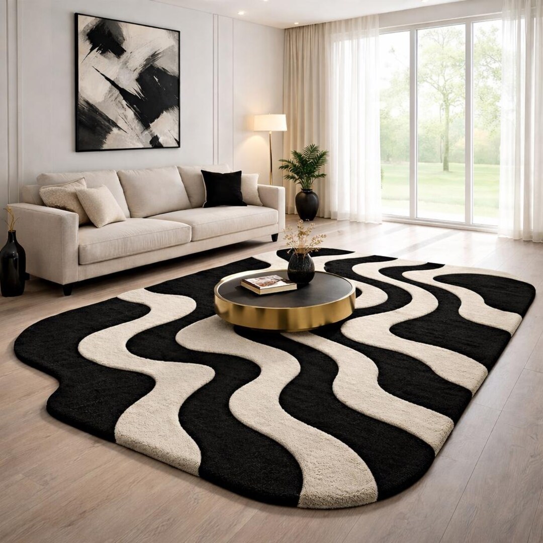 Modern Abstract Black White Rug, Wavy Irregular Shape Carpet ...