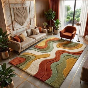 Retro Wavy Shag Area Rug, Mid Century Modern Boho Tufted Carpet Decor