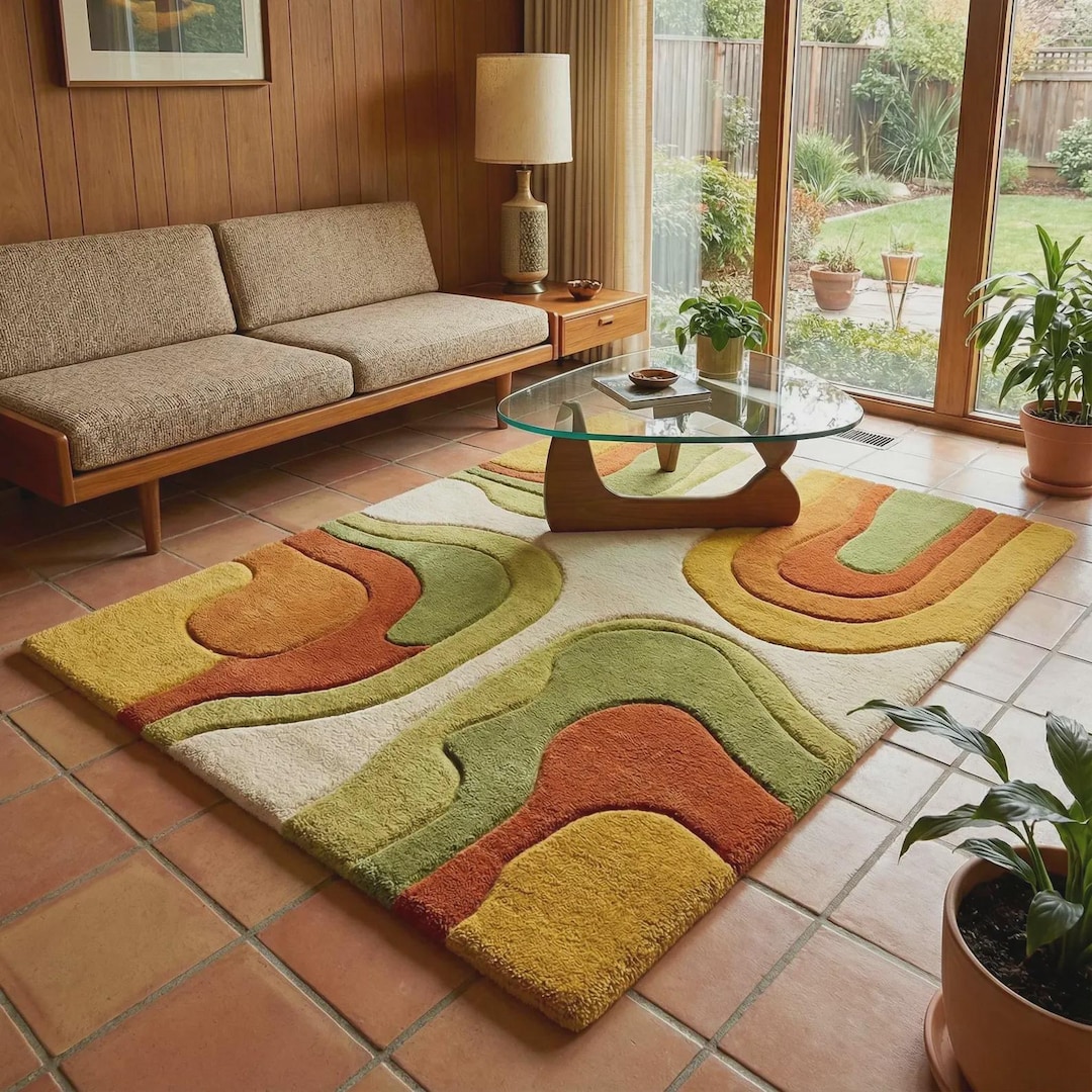 Modern Abstract Shag Rug, Mid Century Irregular Area Rug, Mustard Olive ...