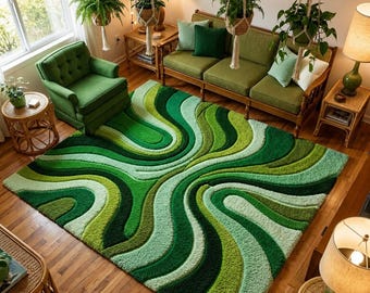 Groovy Wavy Green Area Rug | Mid Century Modern Abstract Swirl Carpet | Funky 70s Retro Home Decor for Living Room | Hand Tufted Psychedelic