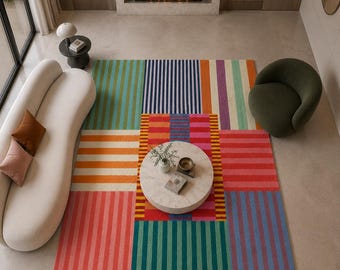 Colorful Memphis Style Rug, Handmade Tufted Wool Rug, Modern Striped Area Rug, Eclectic Rainbow Carpet, Nordic Color Block Rug, Living Room