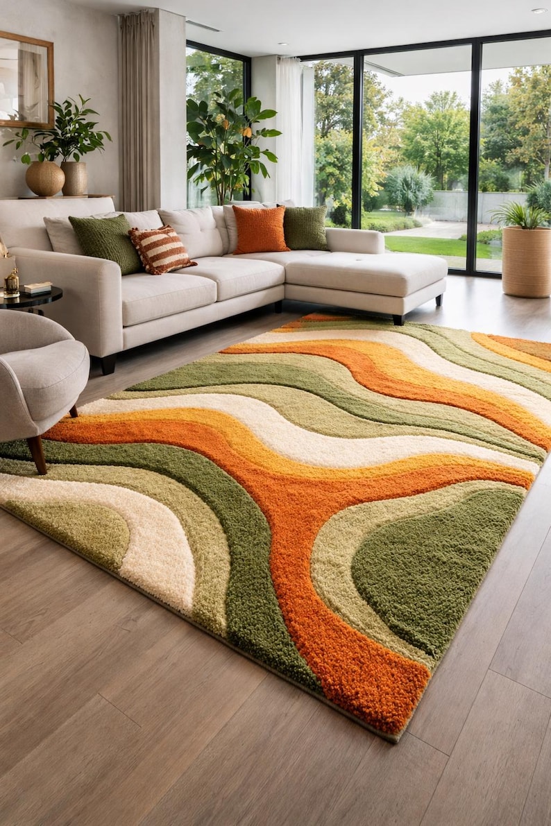 Abstract wave shaggy rug in olive green, orange, and cream colors placed in a modern living room with beige sofa and large windows