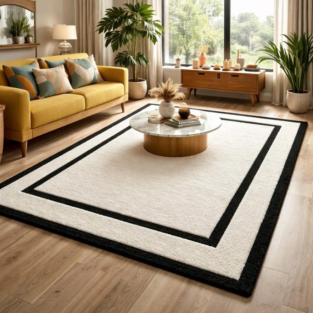 Hand Tufted Wool Rug Modern Black Border Cream Minimalist Area Rug for ...