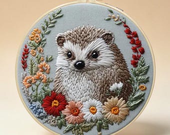 Hedgehog Embroidery Kit, Modern Floral Art DIY Craft, Beginner Hoop Project