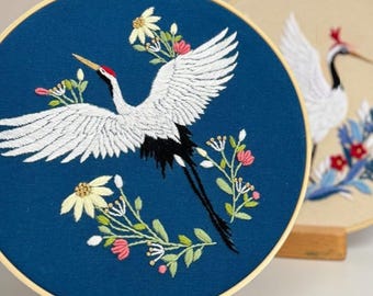 Flying Crane Embroidery Kit for Beginners - Bird Needlepoint Canvas - DIY Cross Stitch Gift
