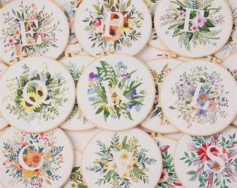 Nursery Embroidery Kit Custom Letter DIY Modern Floral Alphabet Starter Set Gift for Mom