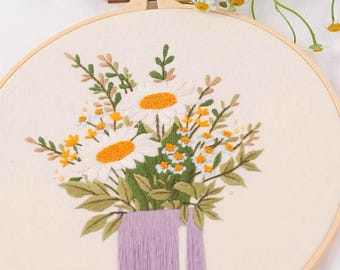 Flower Hoop Art Modern Hand Embroidery Set Beginner Friendly DIY Floral Needlework Kit