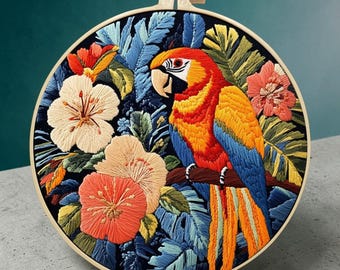 Parrot Embroidery Kit with Hoop - Floral Full Kit - Beginner DIY Home Decor Gift