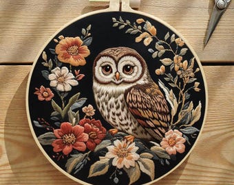 Modern Floral Owl Embroidery Kit, Beginner DIY Craft, Adult Art Project