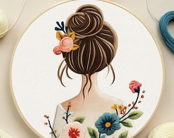 Romantic Flower Girl Embroidery Kit Woman Back Floral Hair Design DIY Self Care Craft